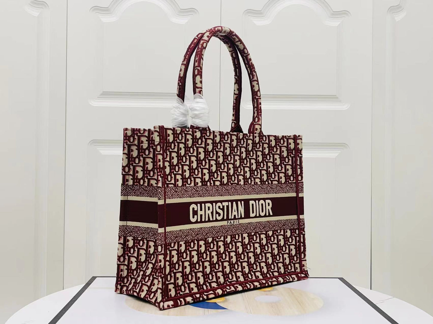 Dior Burgundy Old Flower Embroidery Series Medium Tote Bag