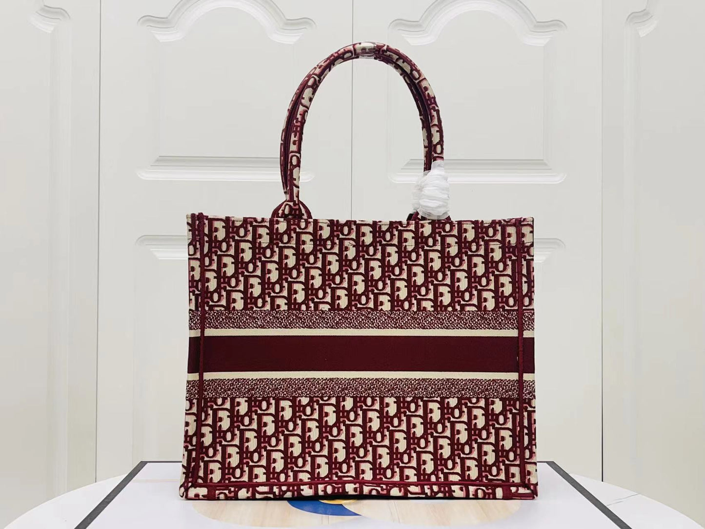 Dior Burgundy Old Flower Embroidery Series Medium Tote Bag