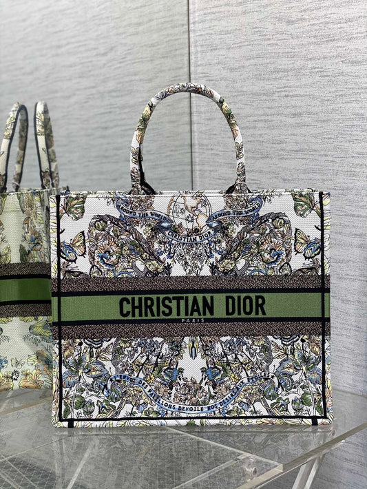 Dior Large Book Tote Bag In Dark Green Toile de Jouy Reverse Embroidery