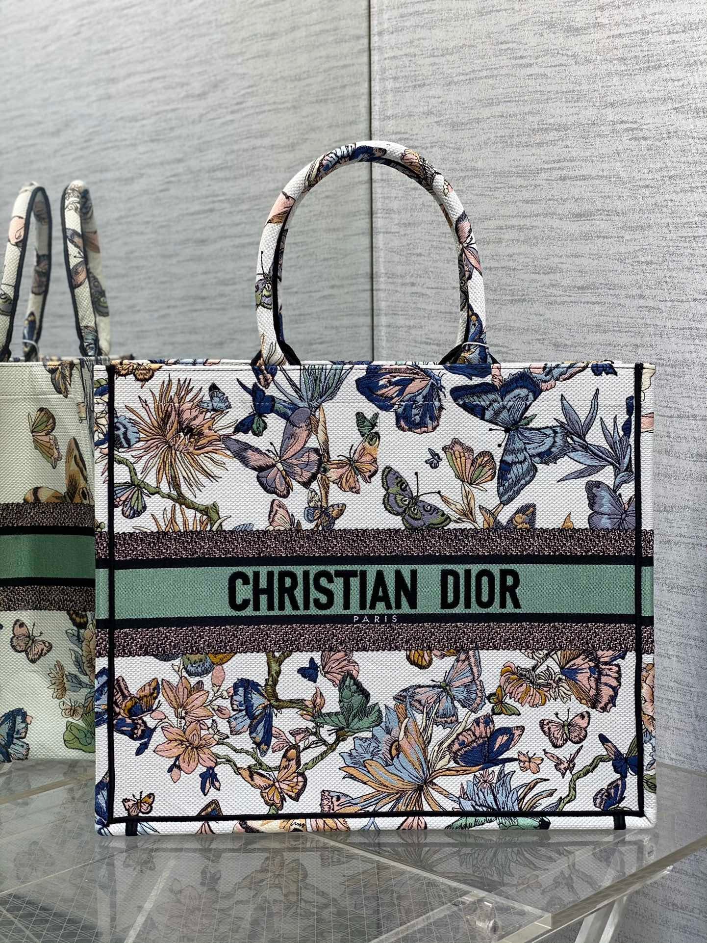 Dior Large Book Tote Bag In Green Toile de Jouy Reverse Embroidery