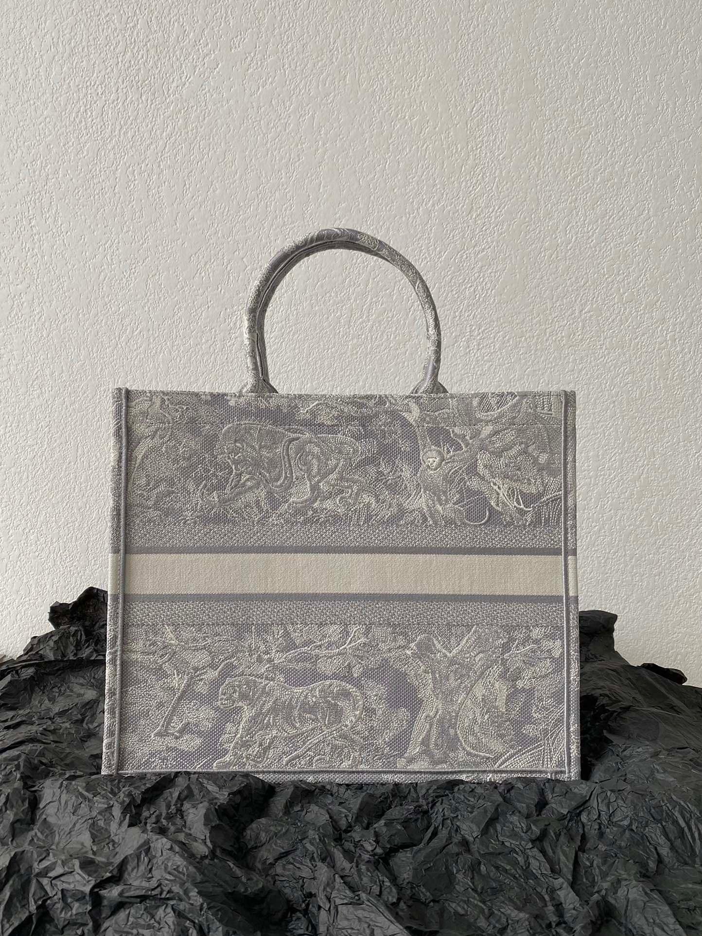 Dior Large Book Tote Bag In Gray Toile de Jouy Reverse Embroidery