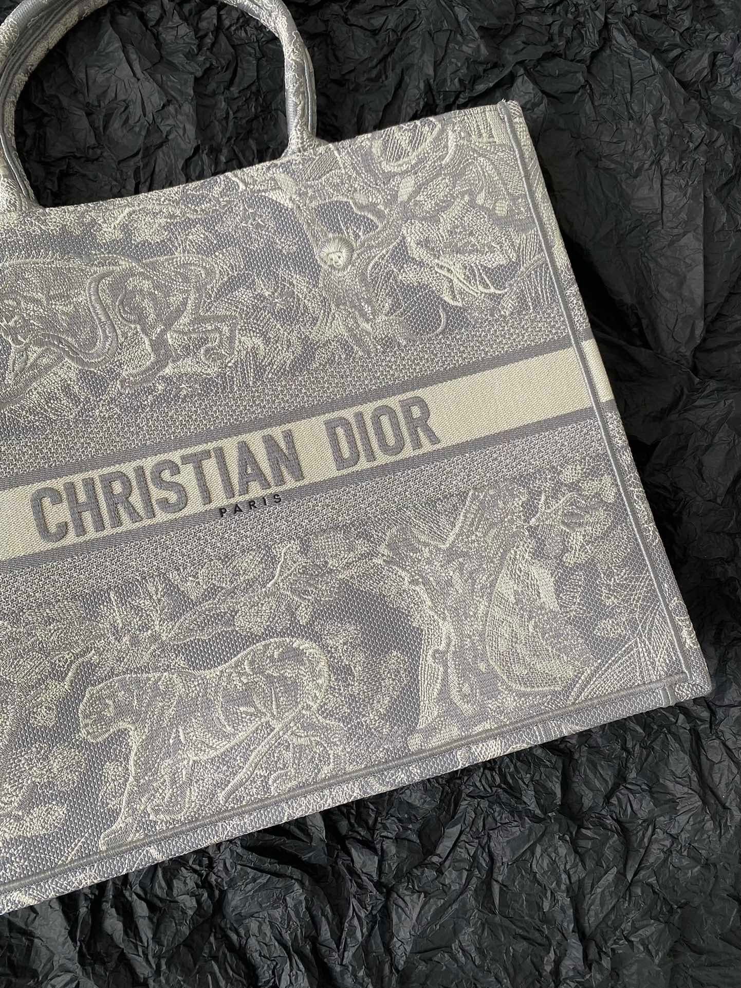 Dior Large Book Tote Bag In Gray Toile de Jouy Reverse Embroidery