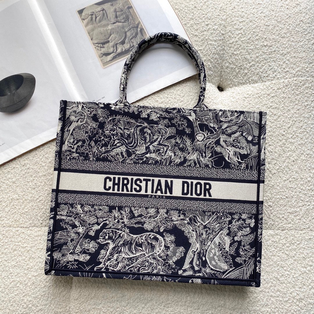 Dior Large Book Tote Bag In Dark Blue Toile de Jouy Reverse Embroidery