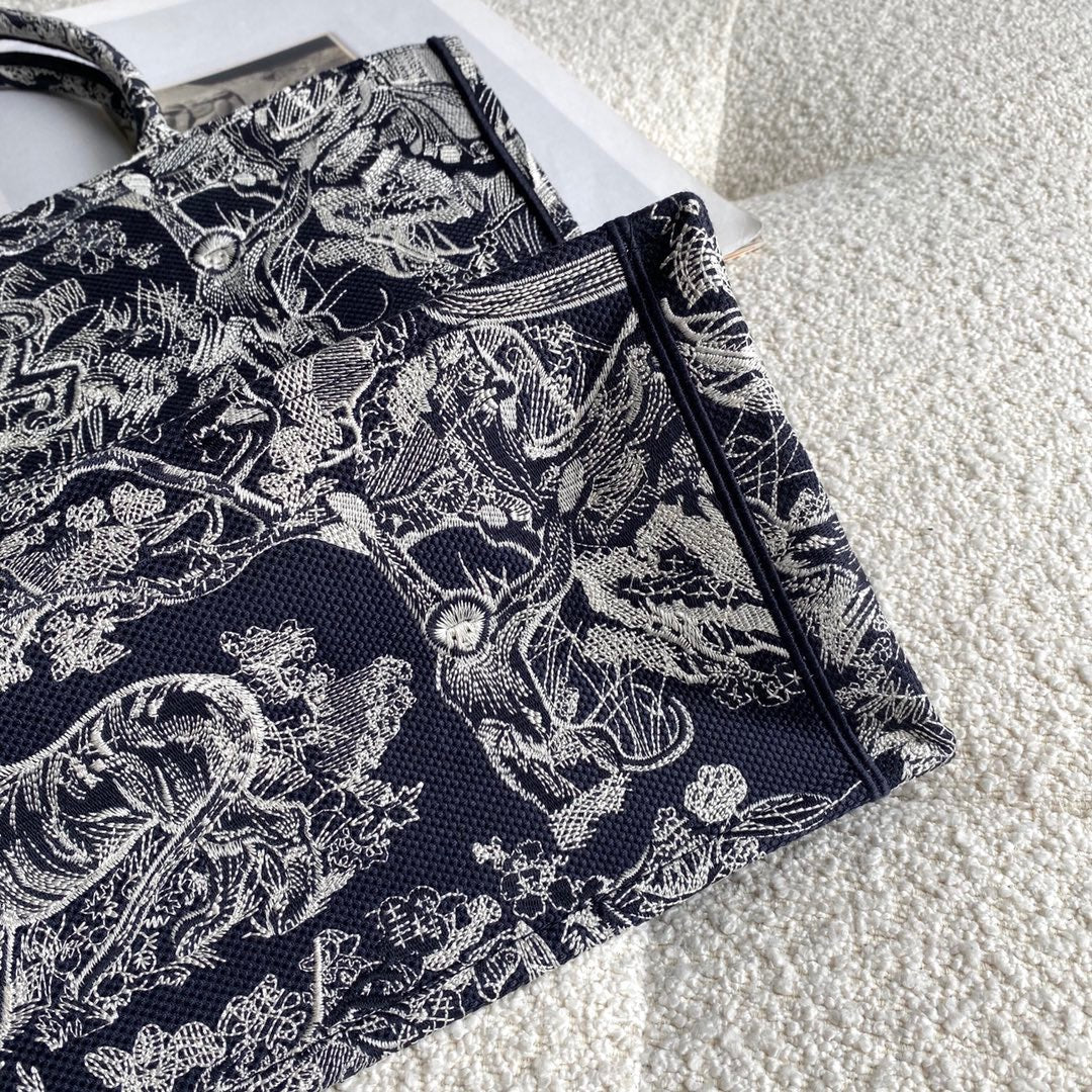 Dior Large Book Tote Bag In Dark Blue Toile de Jouy Reverse Embroidery