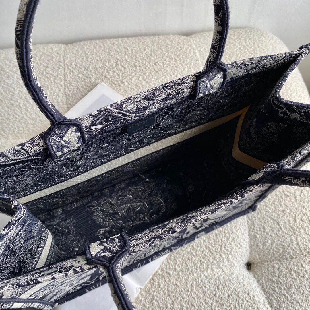 Dior Large Book Tote Bag In Dark Blue Toile de Jouy Reverse Embroidery