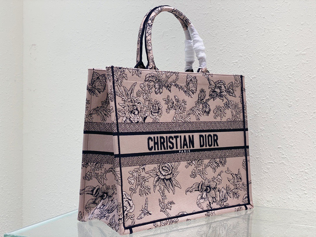 Dior large Pink Rose Book Tote Bag with Toile de Jouy embroidery on the reverse