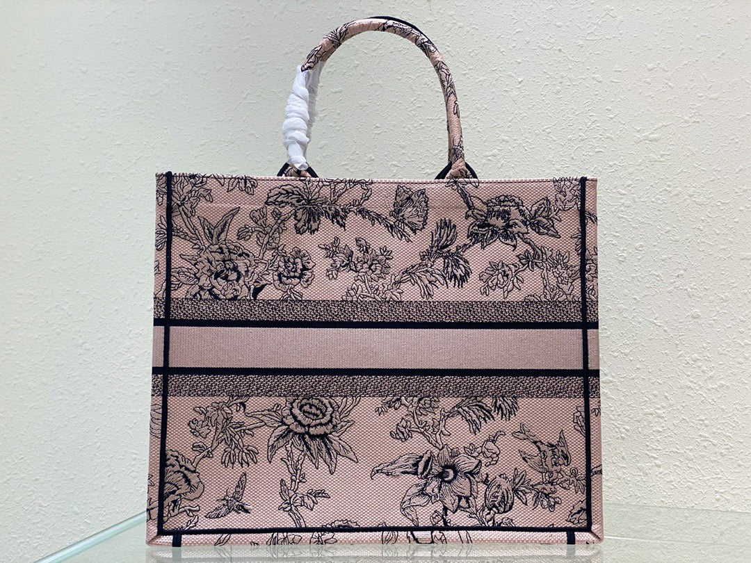 Dior large Pink Rose Book Tote Bag with Toile de Jouy embroidery on the reverse