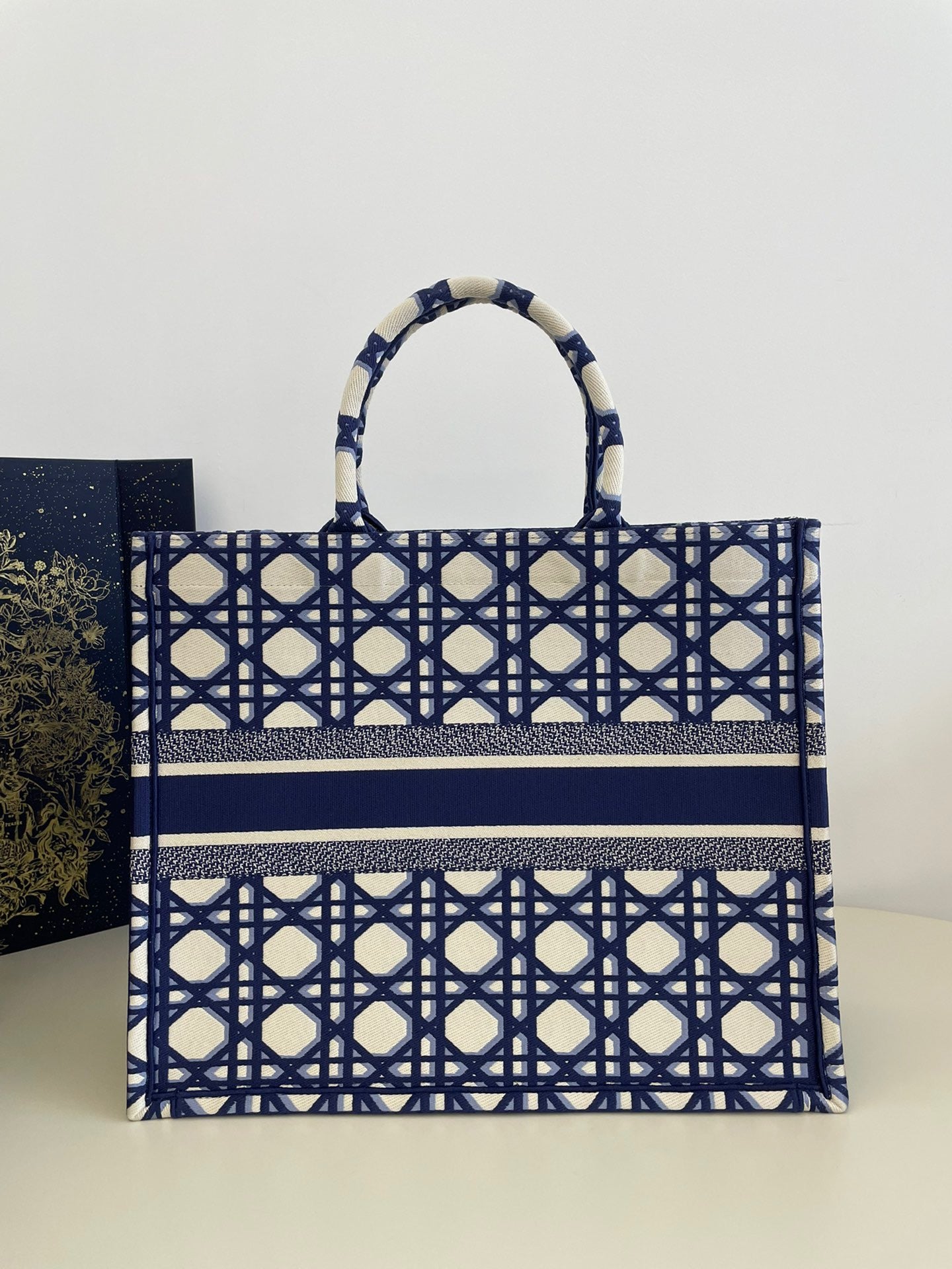 Dior Large Diamond Pattern Book Tote Bag In White And Blue