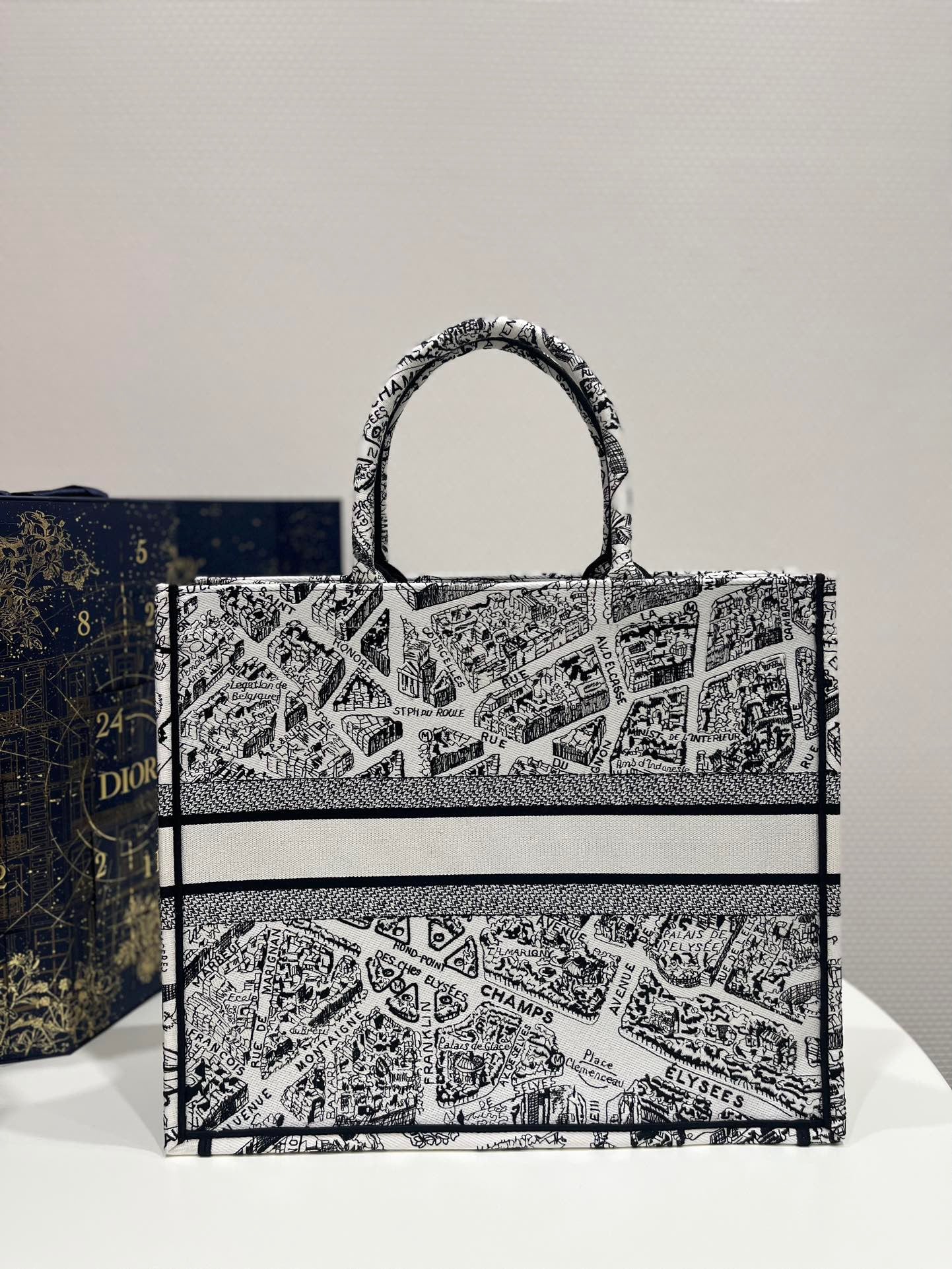 Dior Large Paris Map Pattern Tote Bag In Black And White With Toile de Jouy Reverse Embroidery