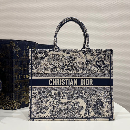 Dior Large Book Dark Blue Tiger Tote Bag