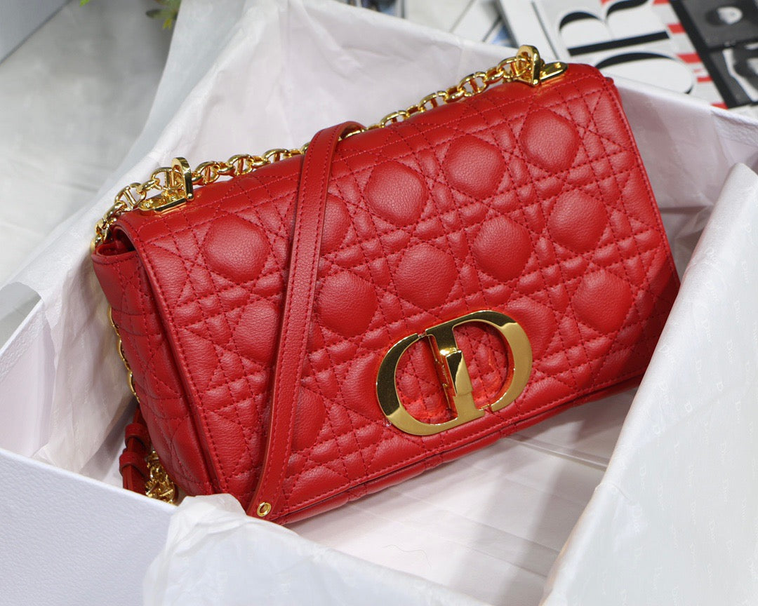 Dior Caro Medium Bag In Red Cannage Calfskin