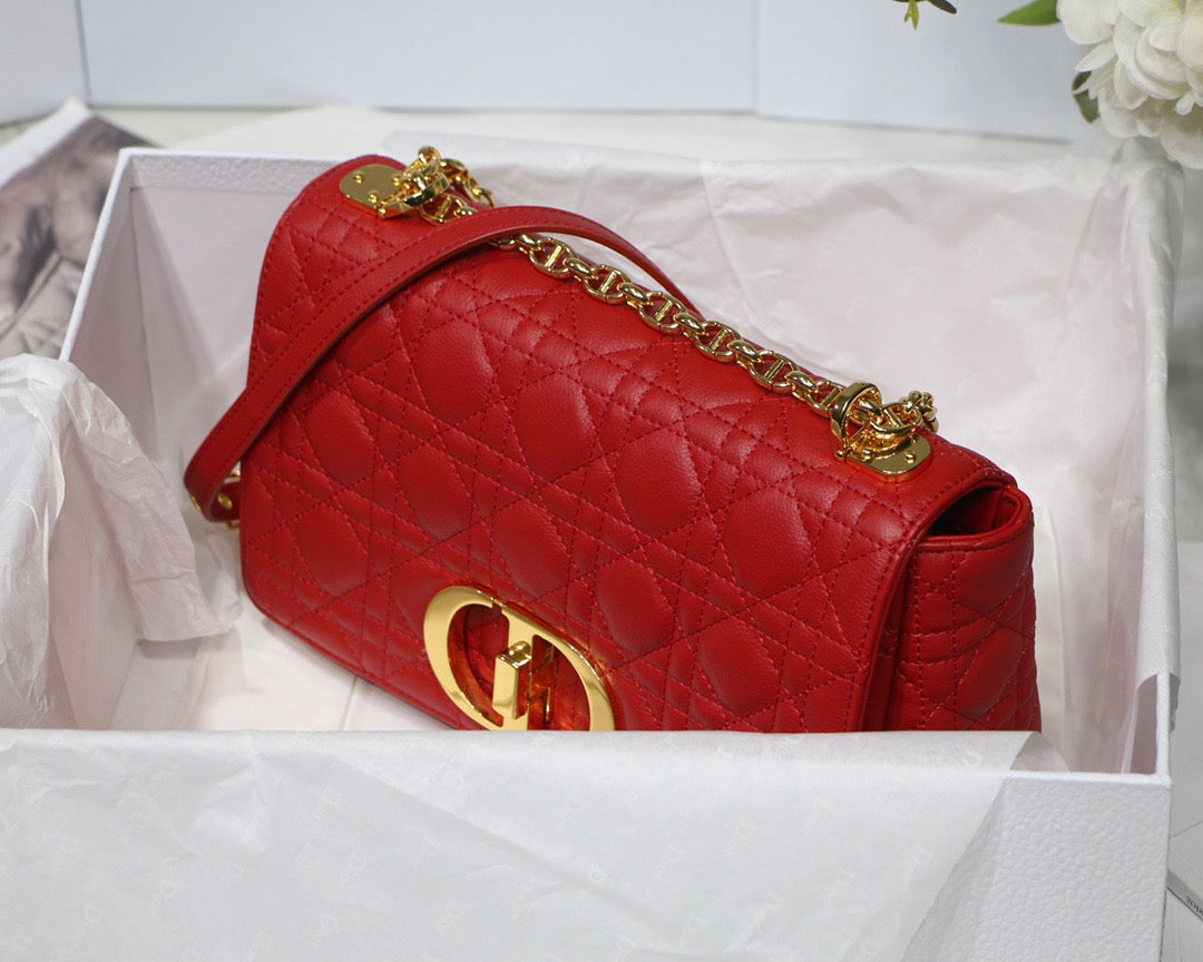 Dior Caro Medium Bag In Red Cannage Calfskin