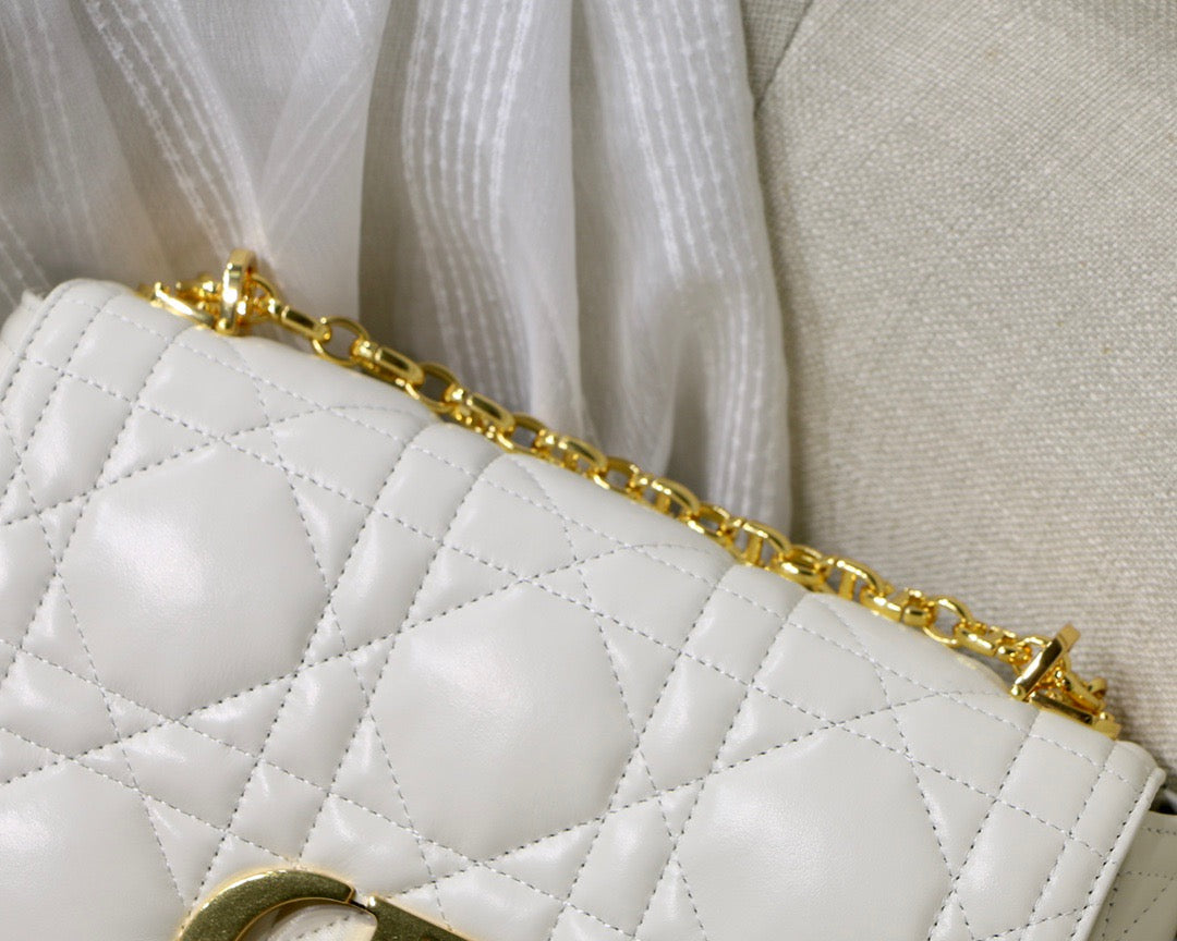 Dior Caro Small Bag In White Cannage Calfskin With Gold Hardware