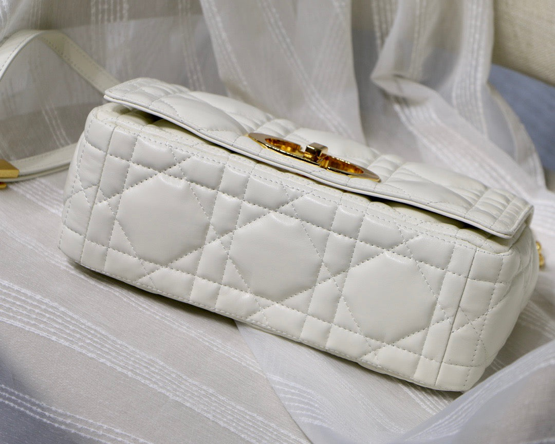 Dior Caro Small Bag In White Cannage Calfskin With Gold Hardware