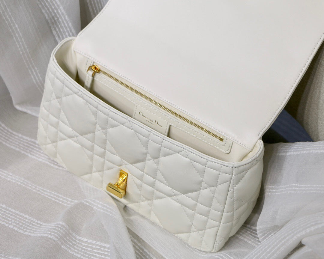 Dior Caro Small Bag In White Cannage Calfskin With Gold Hardware