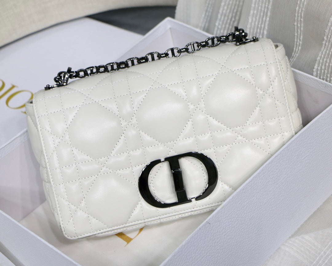 Dior Caro Small Bag In White Cannage Calfskin With Black Hardware