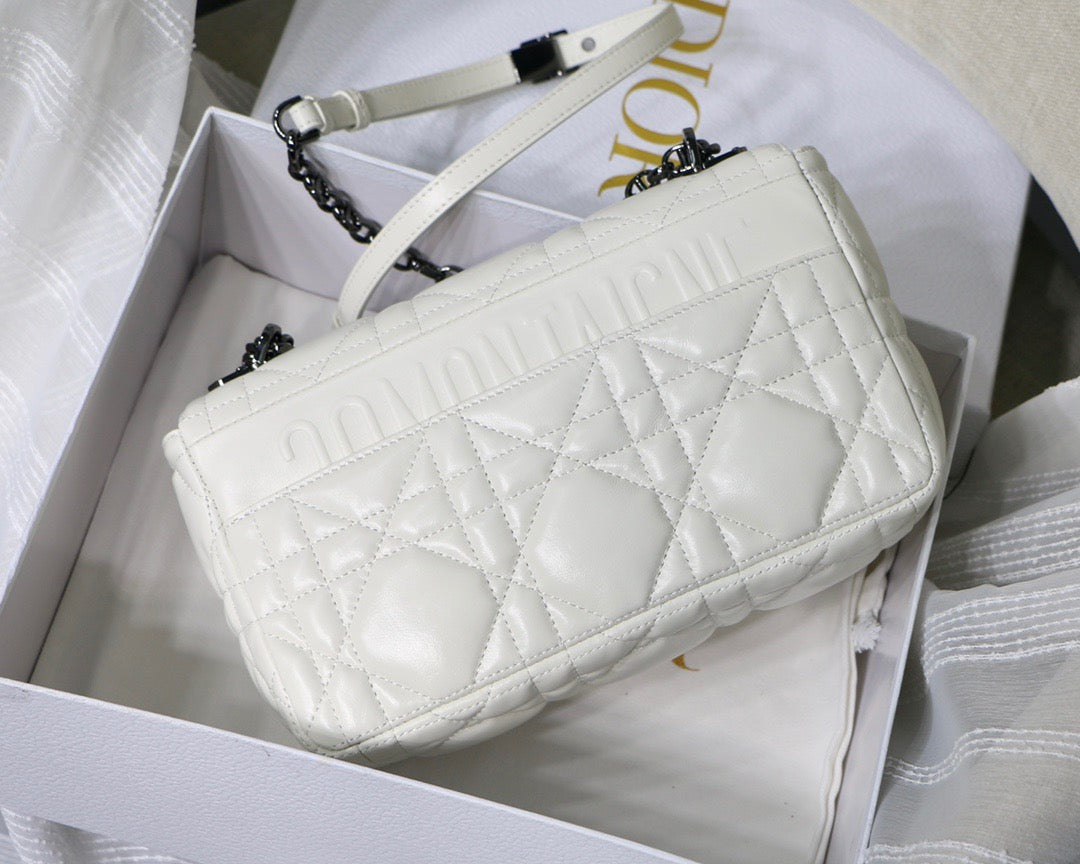 Dior Caro Small Bag In White Cannage Calfskin With Black Hardware