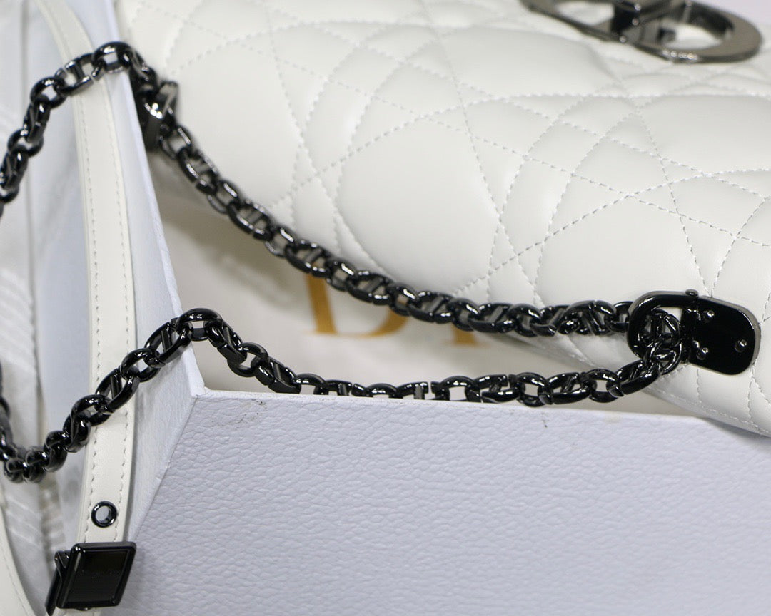 Dior Caro Small Bag In White Cannage Calfskin With Black Hardware