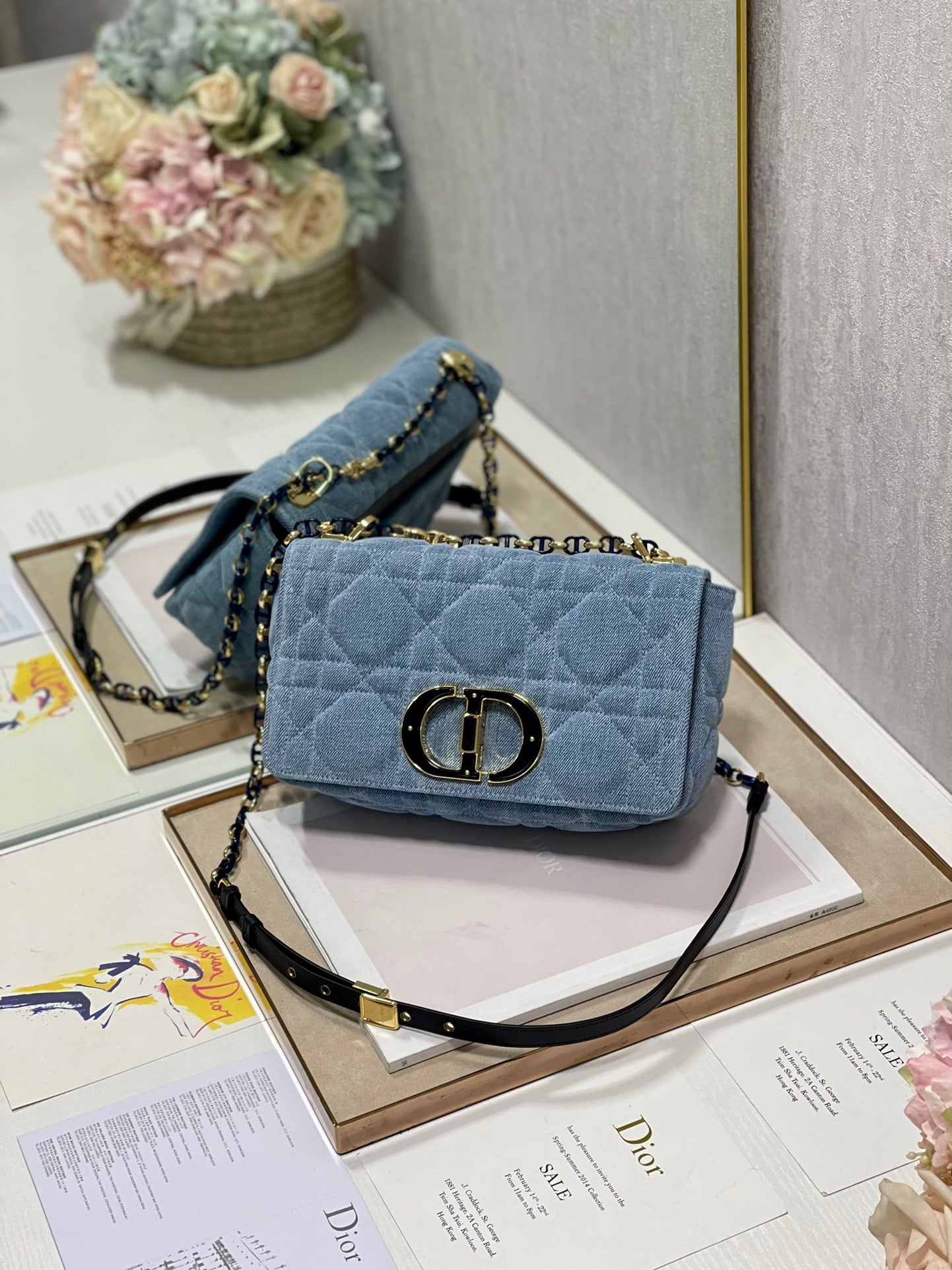 Dior Caro Medium Bag In Blue Jean Cannage Calfskin