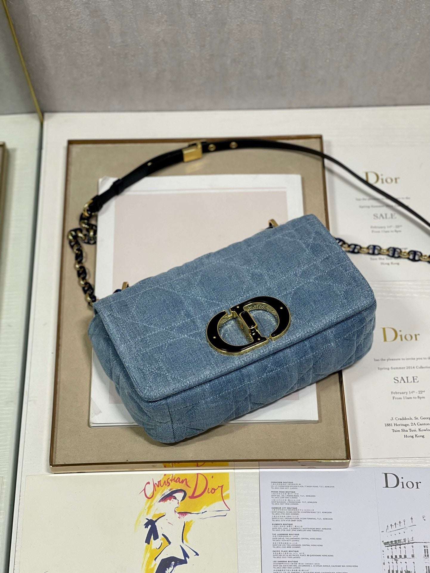 Dior Caro Medium Bag In Blue Jean Cannage Calfskin