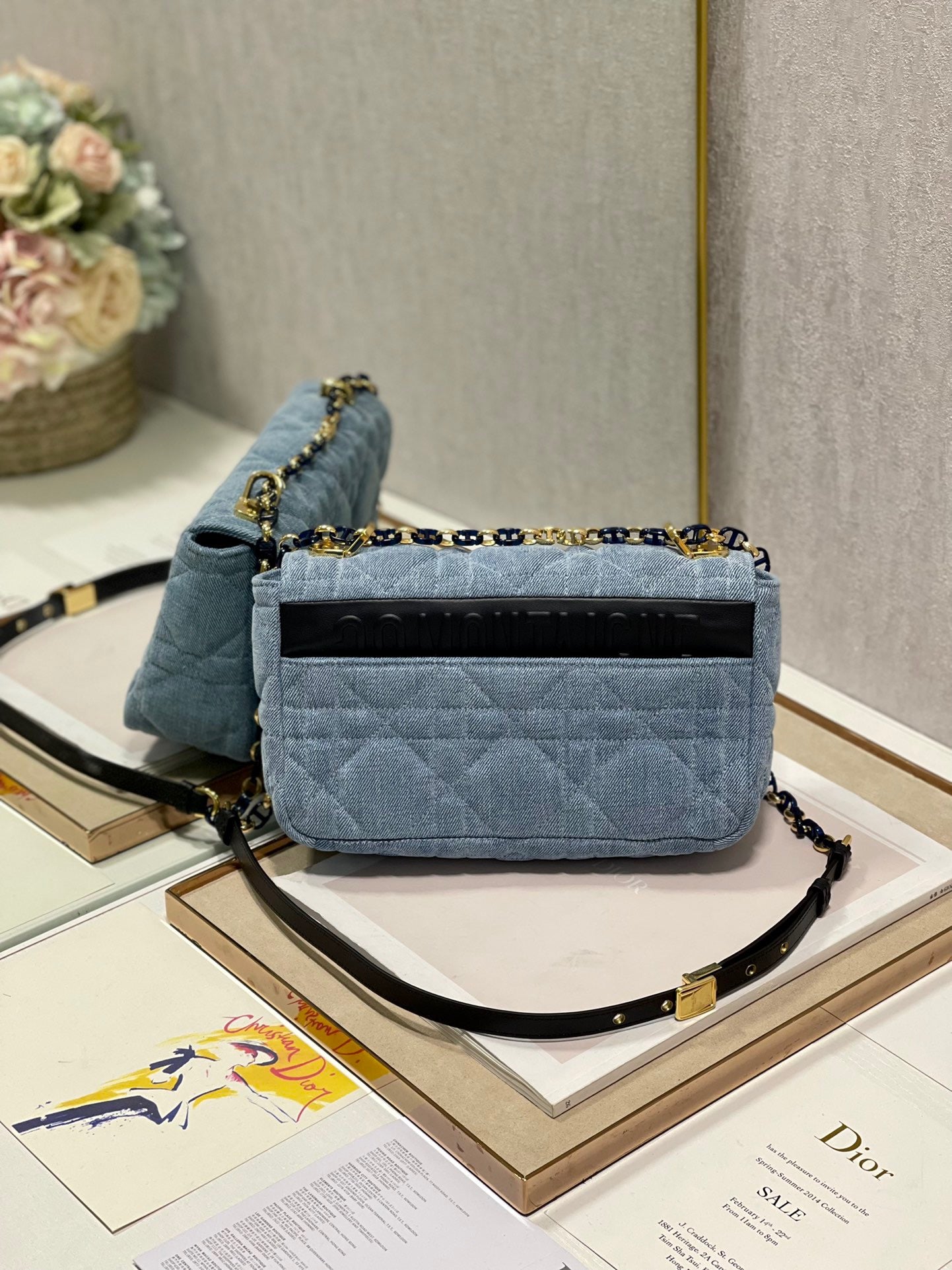 Dior Caro Medium Bag In Blue Jean Cannage Calfskin