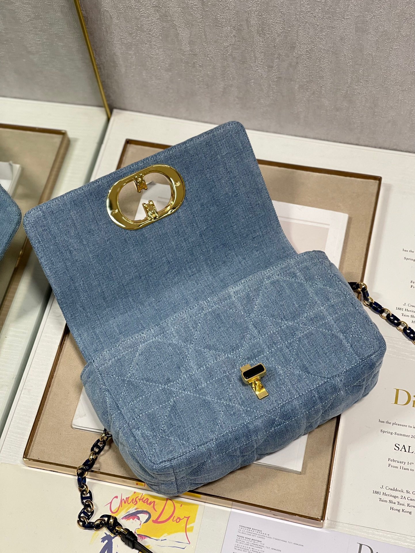 Dior Caro Medium Bag In Blue Jean Cannage Calfskin