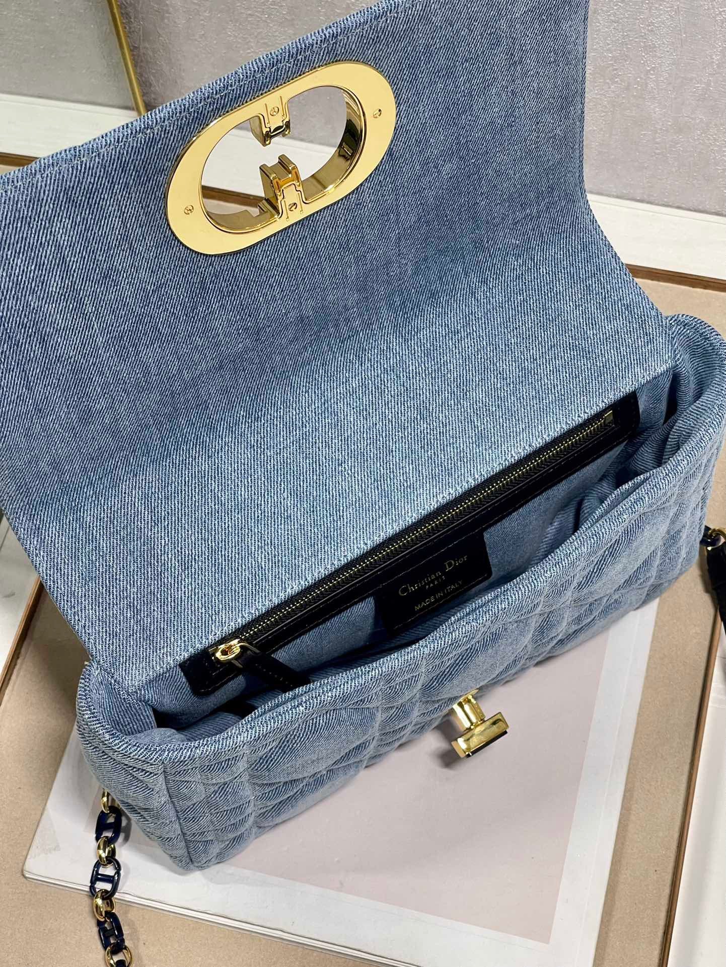 Dior Caro Medium Bag In Blue Jean Cannage Calfskin