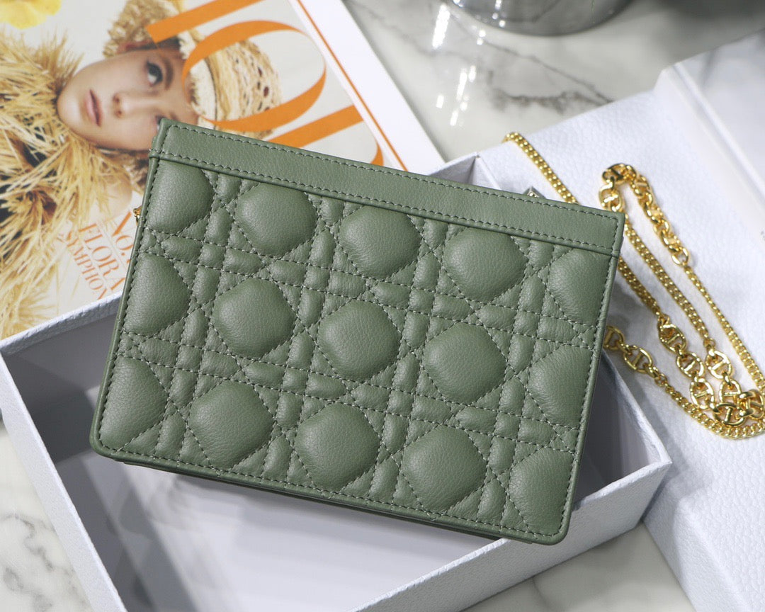 Dior Small Caro Daily Pouch In Green With Calfskin