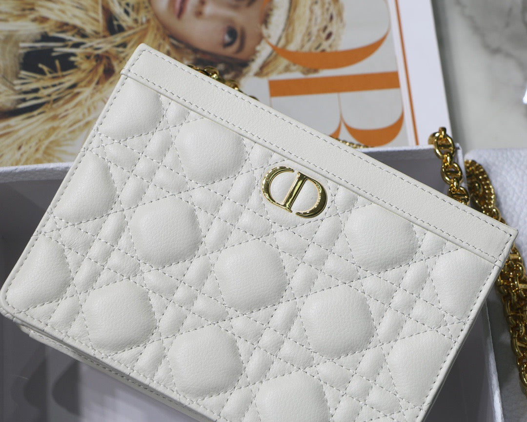 Dior Small Caro Daily Pouch In White With Calfskin