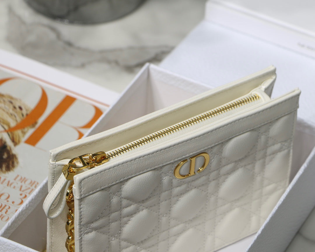 Dior Small Caro Daily Pouch In White With Calfskin