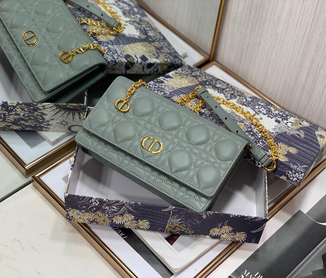 Dior Caro WOC in Light Green Supple Cannage Calfskin