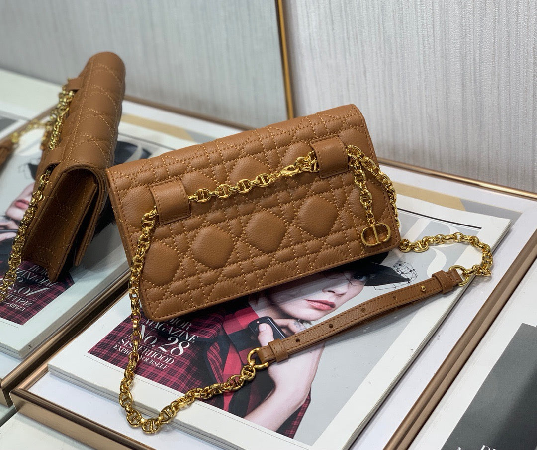 Dior Caro WOC in Gold Brown Supple Cannage Calfskin