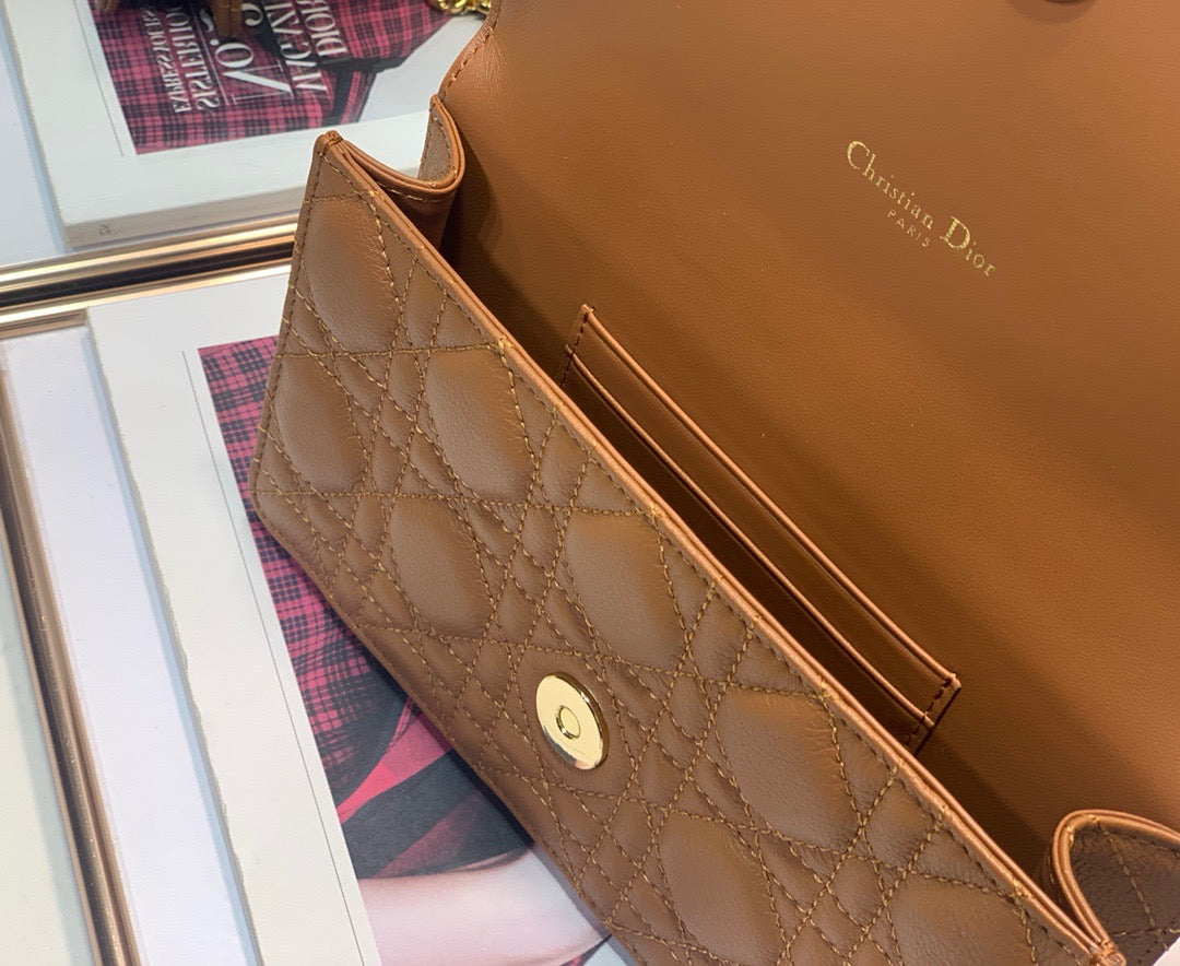 Dior Caro WOC in Gold Brown Supple Cannage Calfskin