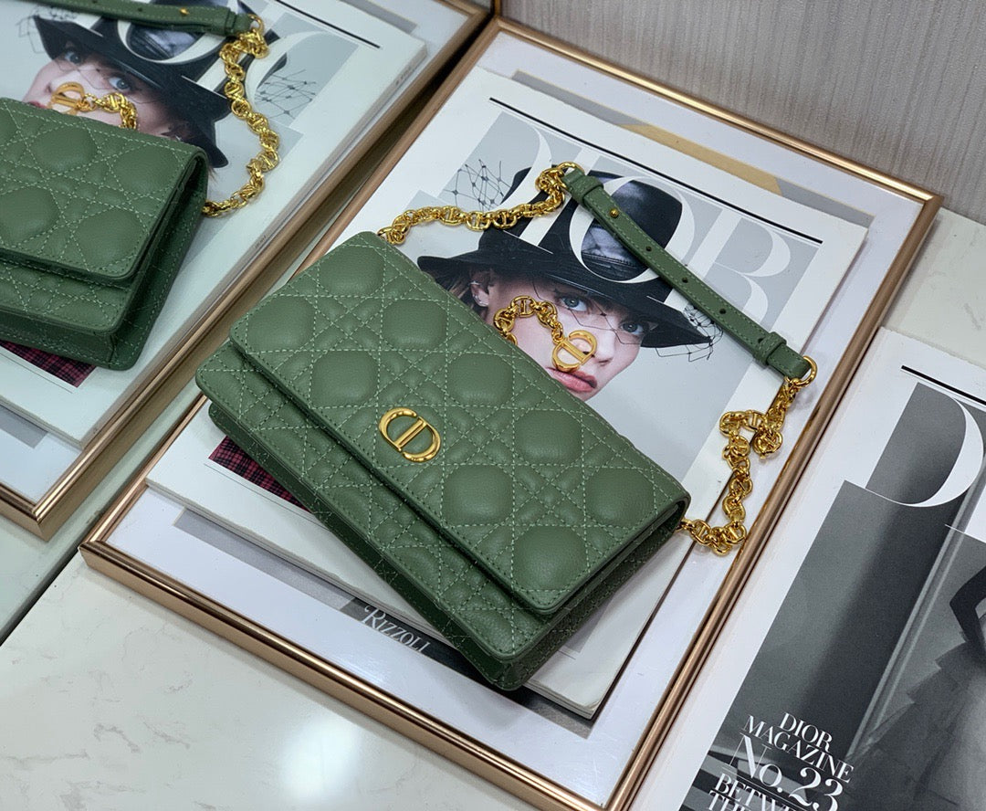 Dior Caro WOC in Green Supple Cannage Calfskin