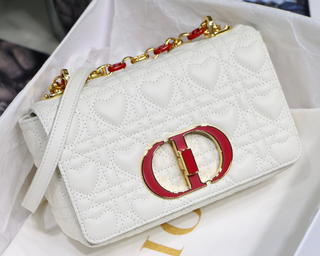 Dior Caro Small Bag In White Cannage Calfskin With Red Hardware