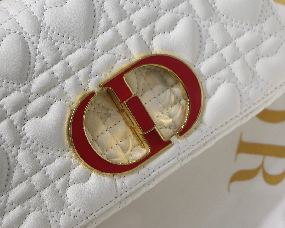 Dior Caro Small Bag In White Cannage Calfskin With Red Hardware