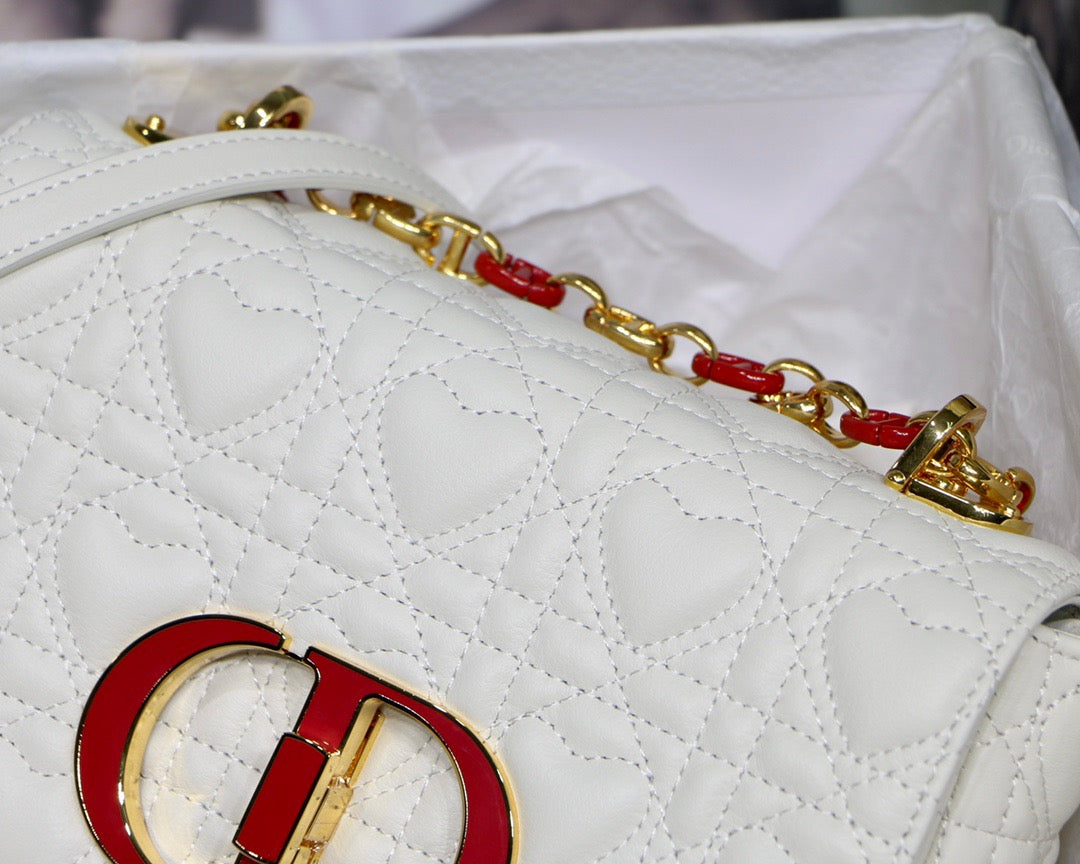 Dior Caro Small Bag In White Cannage Calfskin With Red Hardware