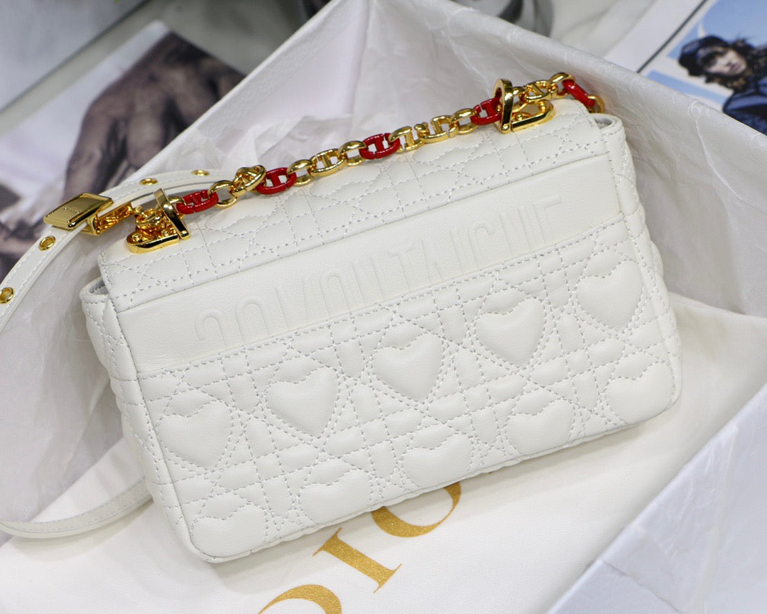 Dior Caro Small Bag In White Cannage Calfskin With Red Hardware