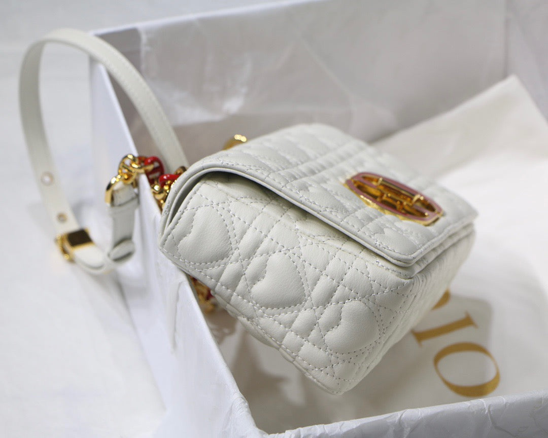 Dior Caro Small Bag In White Cannage Calfskin With Red Hardware