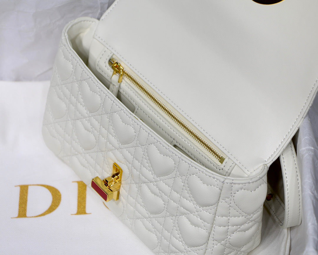 Dior Caro Small Bag In White Cannage Calfskin With Red Hardware