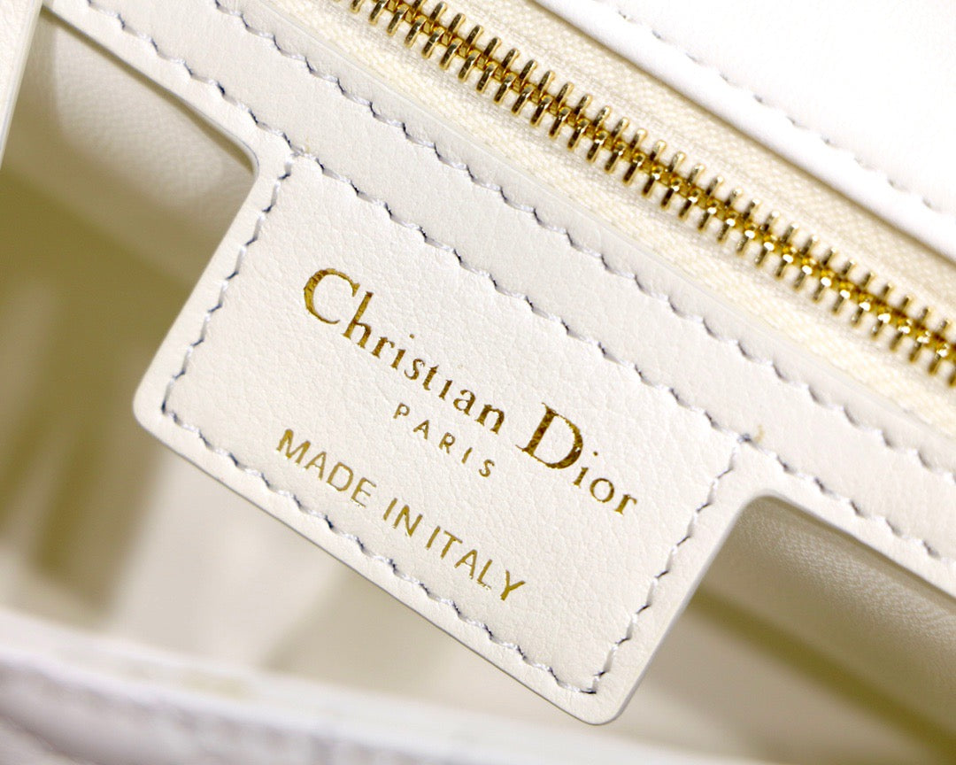 Dior Caro Small Bag In White Cannage Calfskin With Red Hardware