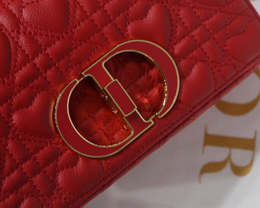 Dior Caro Small Bag In Red Cannage Calfskin With Red Hardware