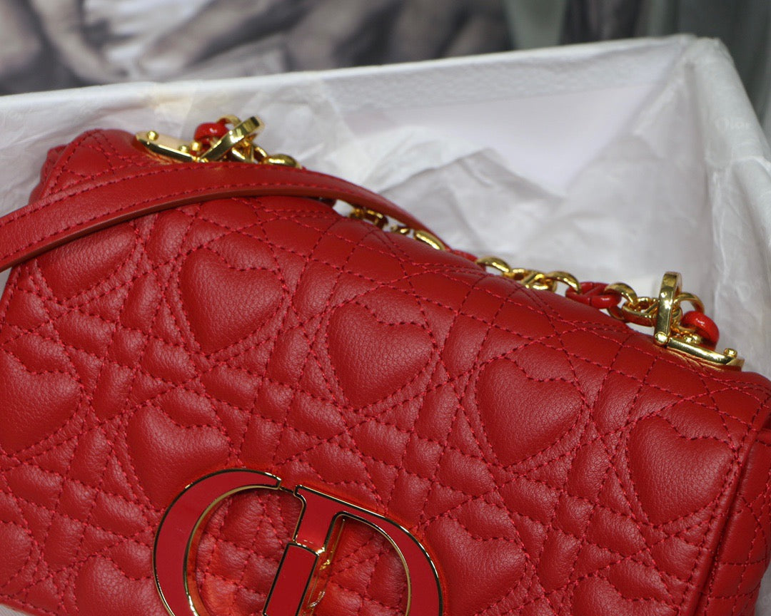 Dior Caro Small Bag In Red Cannage Calfskin With Red Hardware