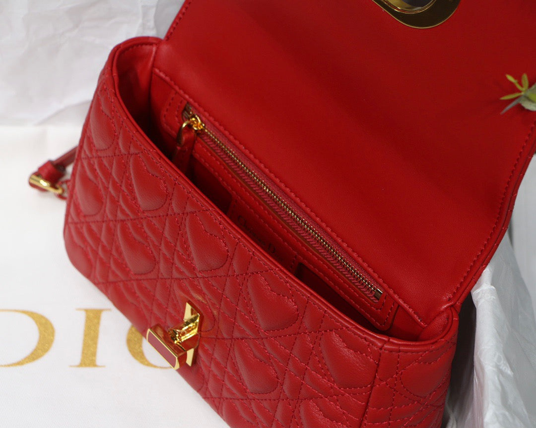 Dior Caro Small Bag In Red Cannage Calfskin With Red Hardware