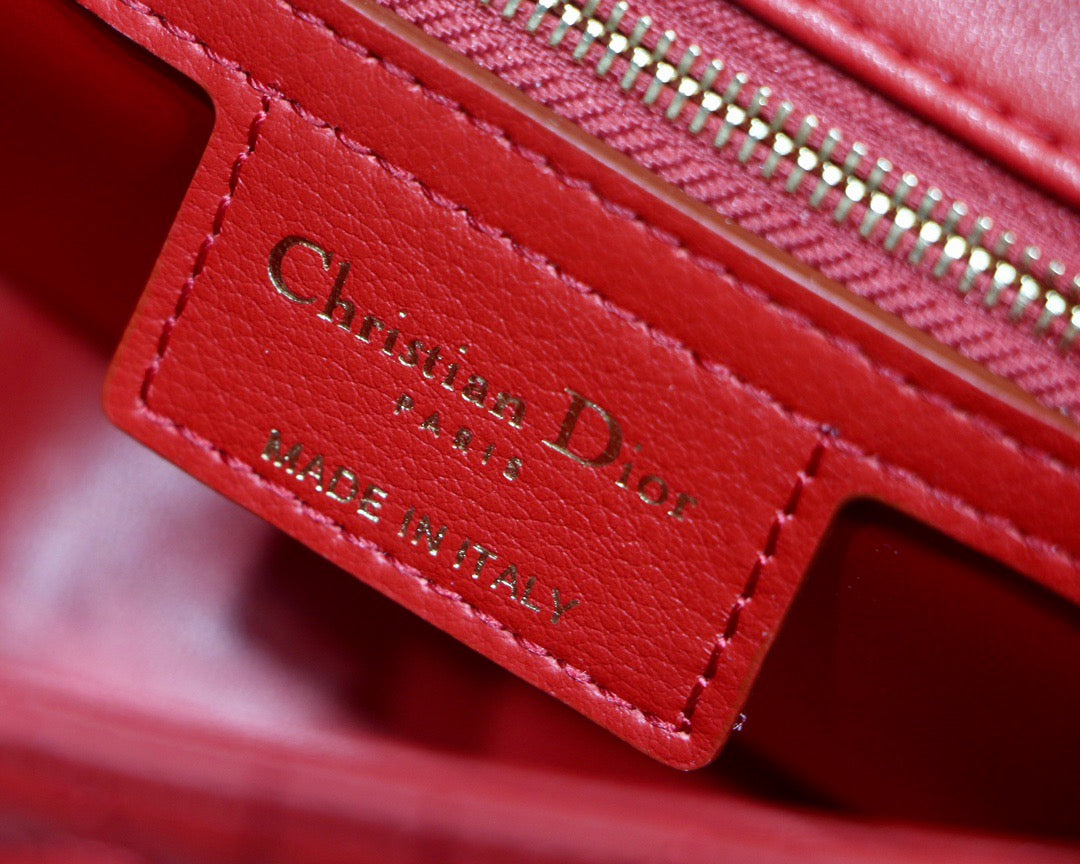 Dior Caro Small Bag In Red Cannage Calfskin With Red Hardware