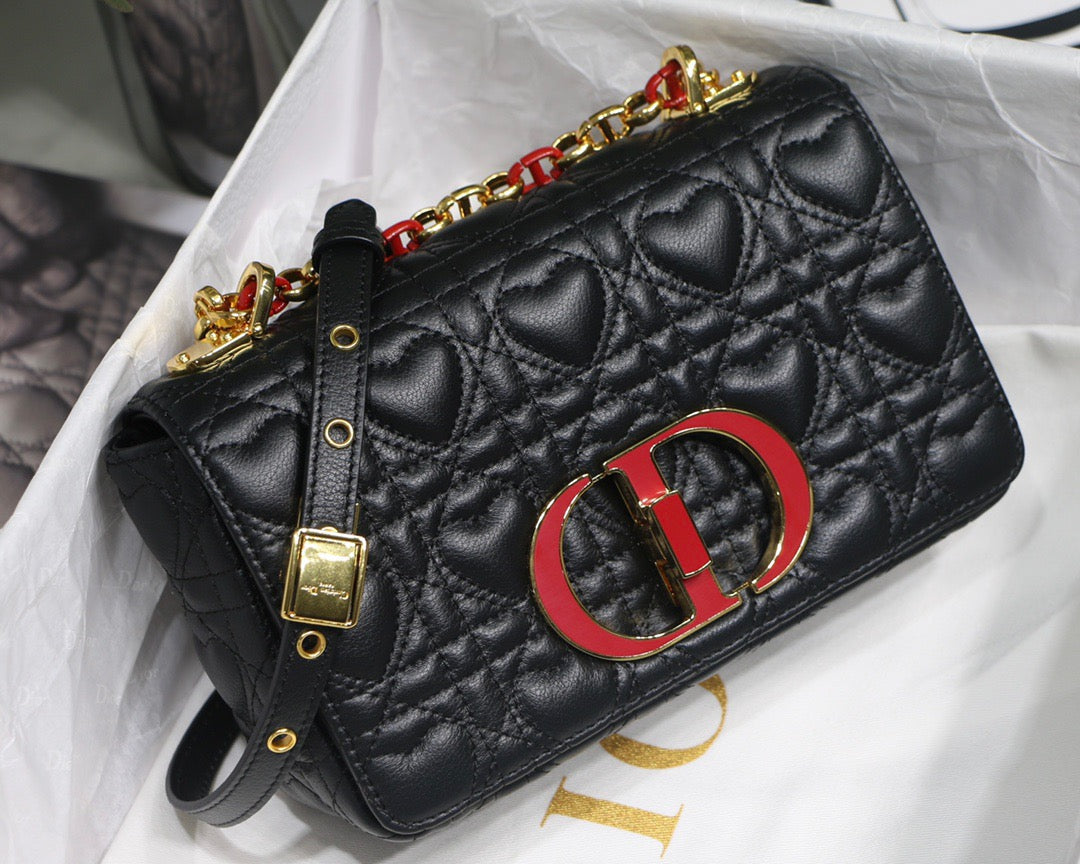 Dior Caro Small Bag In Black Cannage Calfskin With Red Hardware