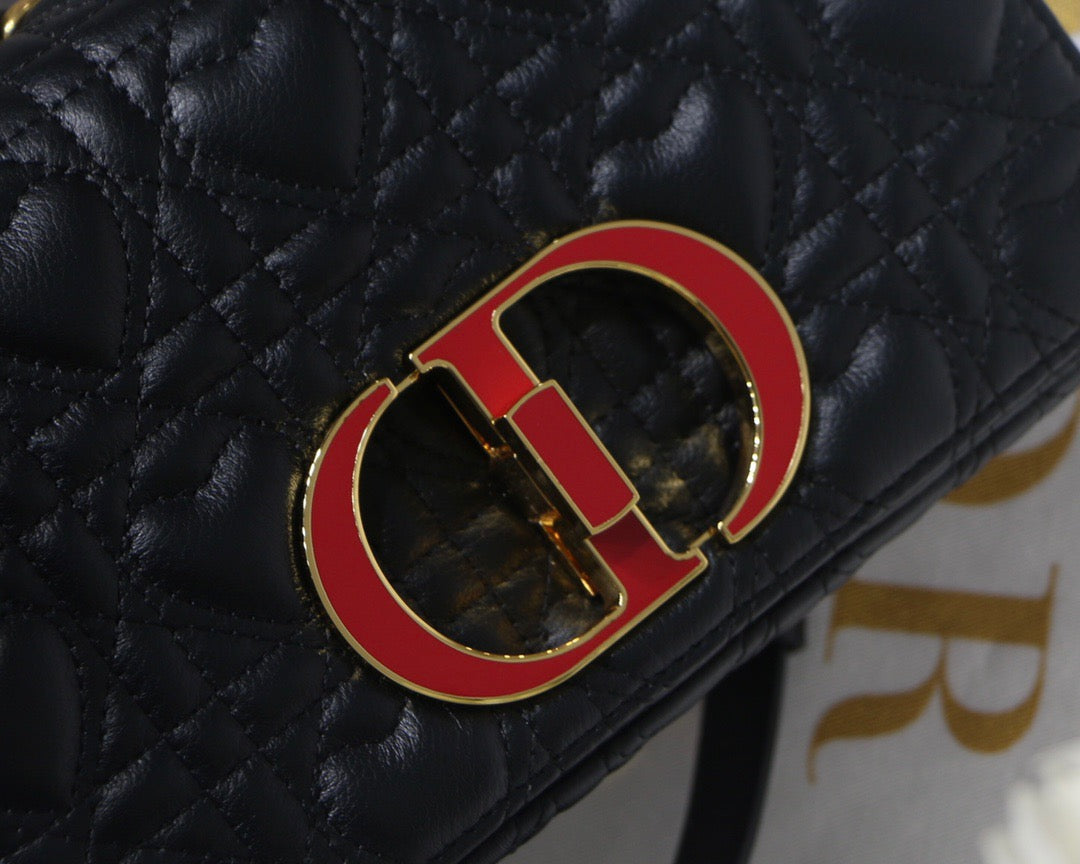 Dior Caro Small Bag In Black Cannage Calfskin With Red Hardware