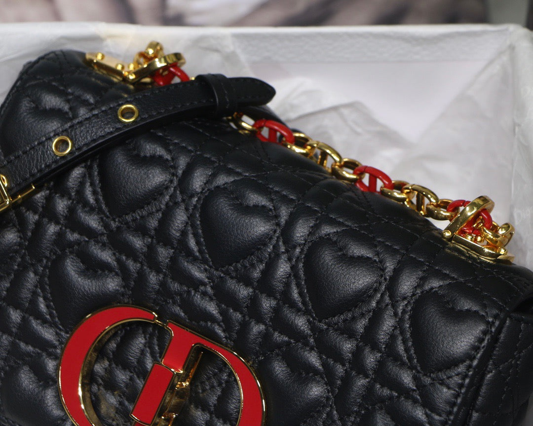 Dior Caro Small Bag In Black Cannage Calfskin With Red Hardware