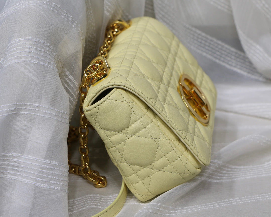 Dior Caro Small Bag In Yellow Cannage Calfskin With Gold Hardware