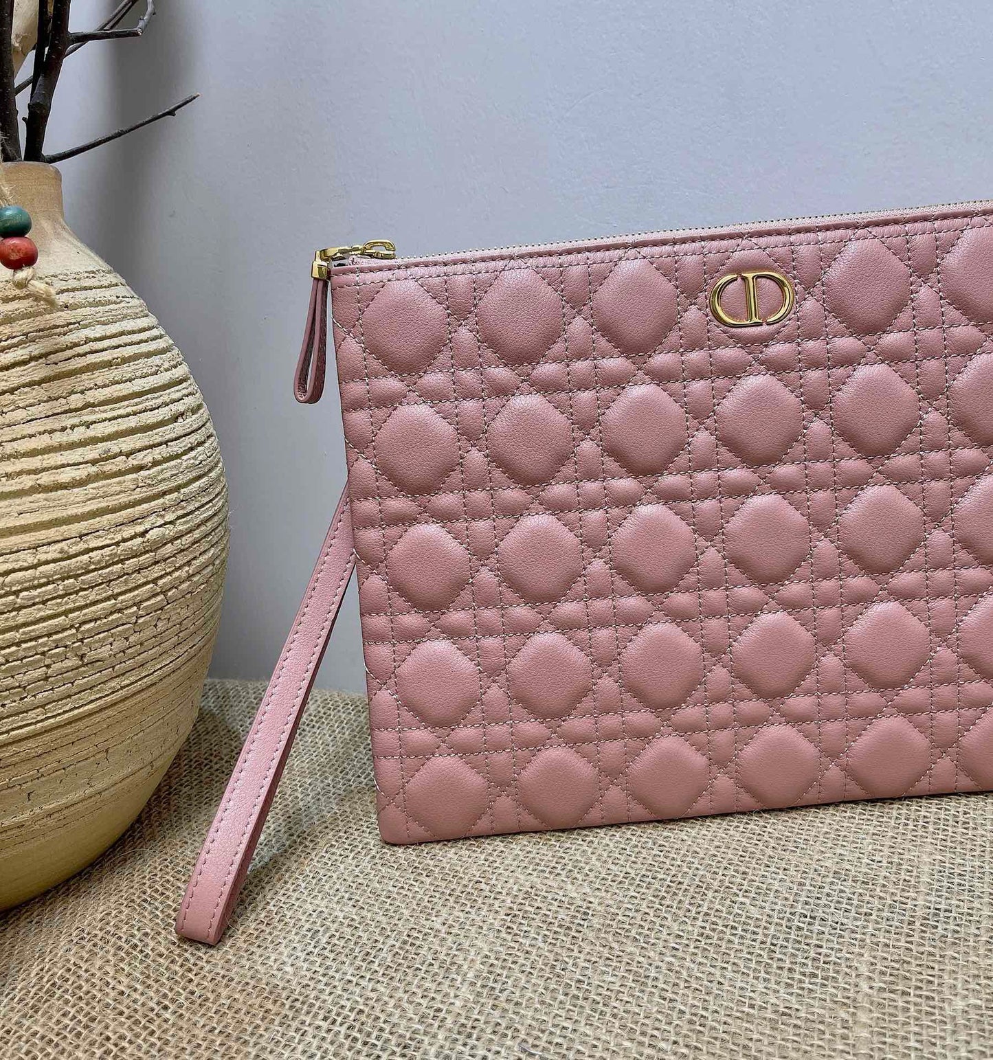 Dior Large Caro Daily Pouch In Pink With Calfskin